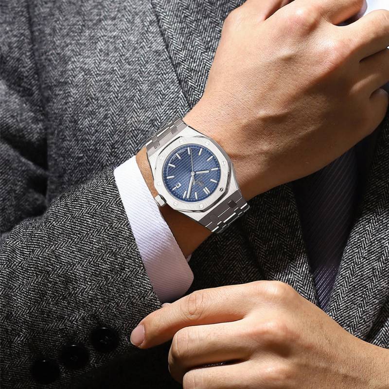 Poedagar Deluxe Octagon Silver Blue - Case and bracelet