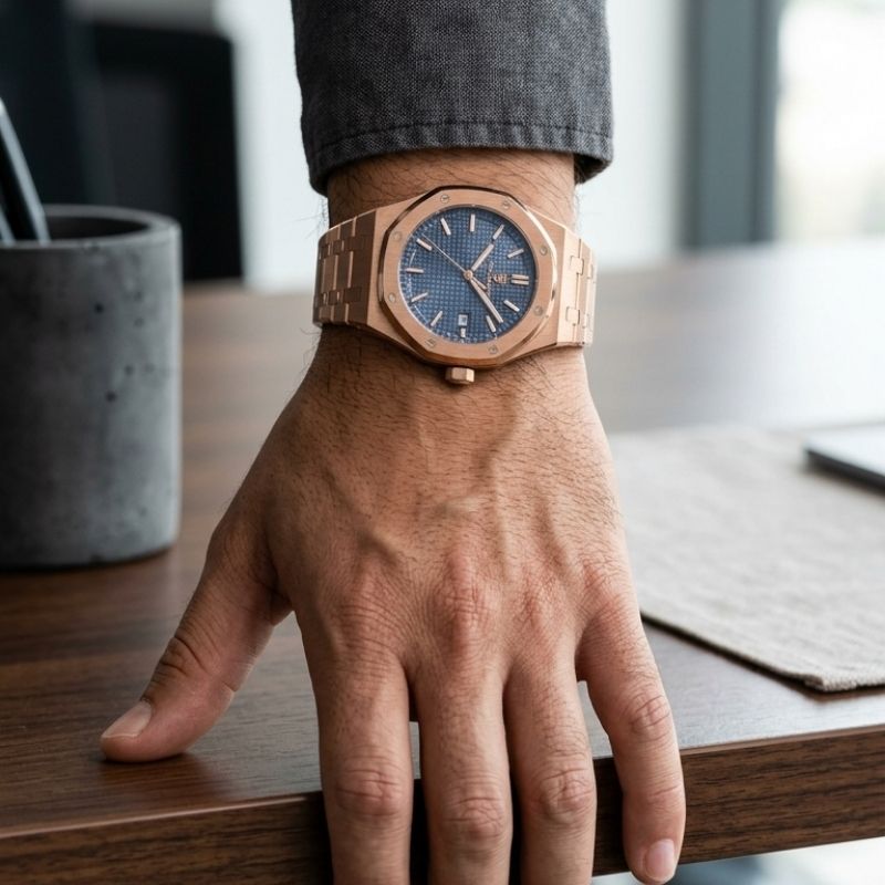 Poedagar Deluxe Octagon Rosé Blue - On the wrist