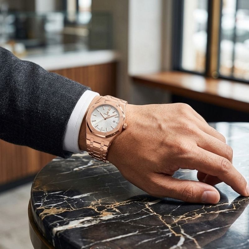 Poedagar Deluxe Octagon Rosé White - Case and bracelet