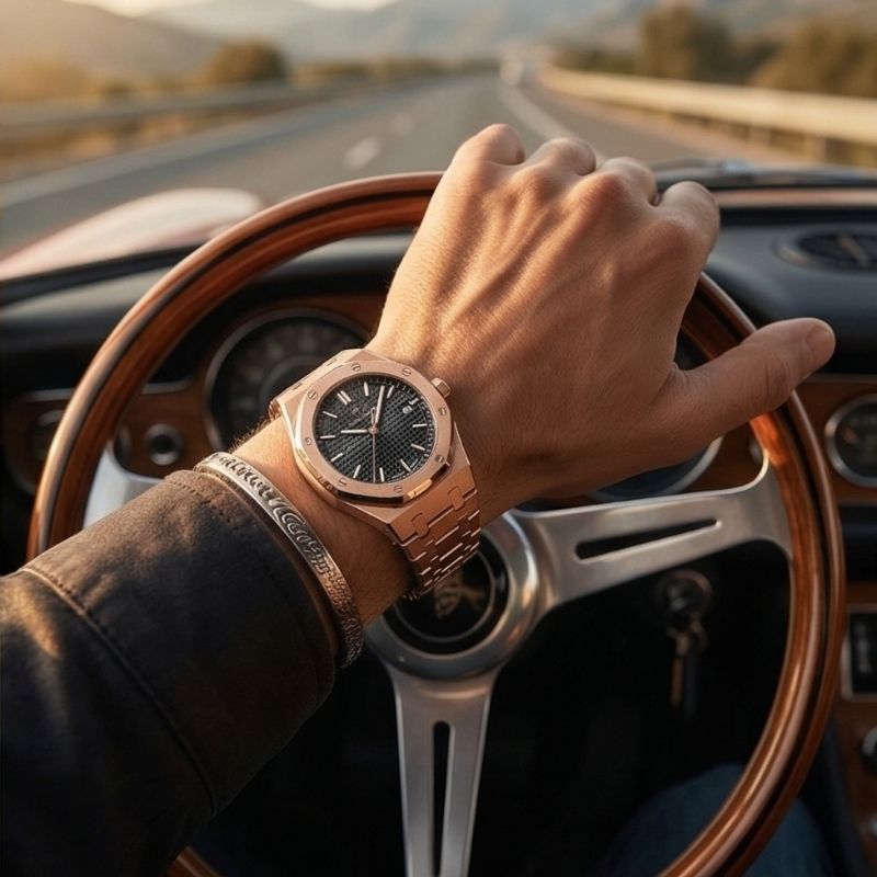 Relógio Poedagar Deluxe Octagon Rosé Black - On the wrist