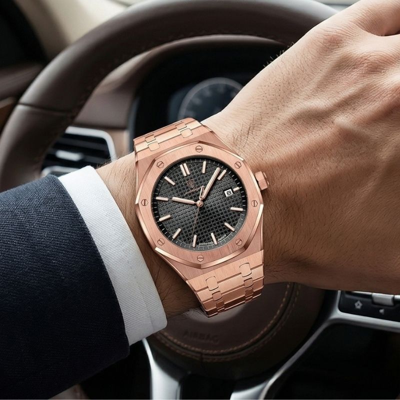 Relógio Poedagar Deluxe Octagon Rosé Black - Case and bracelet