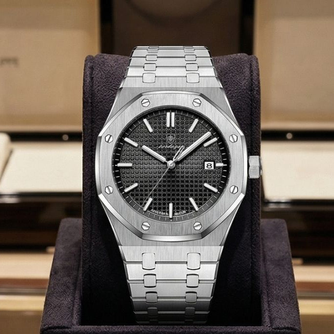 Relógio Poedagar Deluxe Octagon Silver Black - Case and bracelet