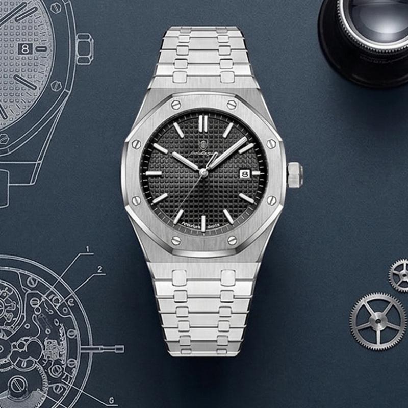 Relógio Poedagar Deluxe Octagon Silver Black - Presentation